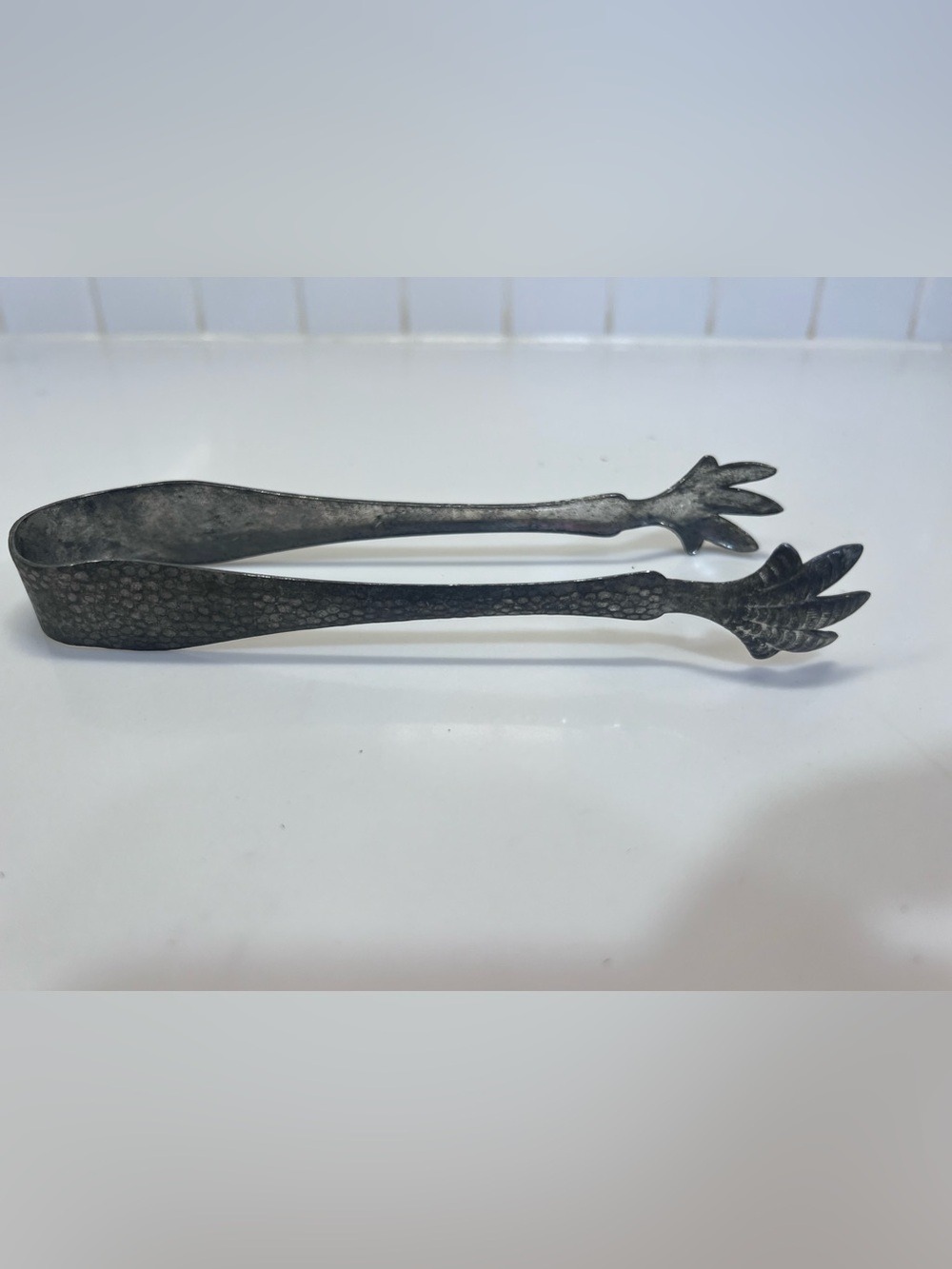 Vintage Silver Hammered Claw Foot Tongs Serving Ice Sugar Cube 6”